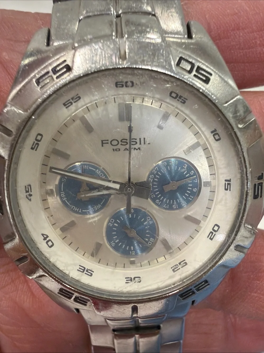 Fossil Men's Silver Stainless Steel Chronograph Watch with Blue Subdials